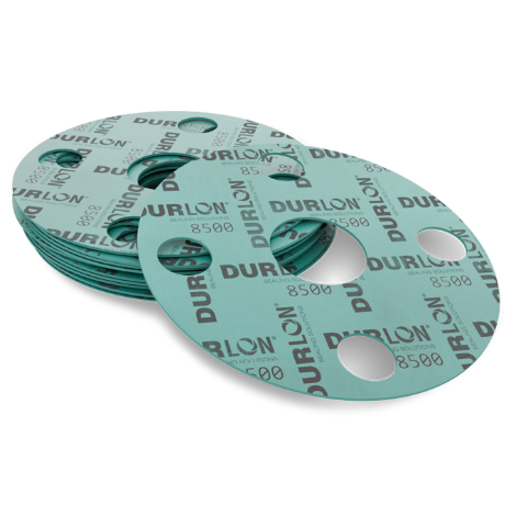 Compressed non-asbestos gaskets made from Durlon 8500 sheet material with bolt holes and center openings.