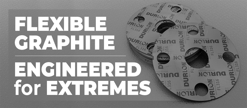 Durlon flexible graphite gaskets stacked on a textured surface with the text ‘Flexible Graphite Engineered for Extremes’ displayed beside them.