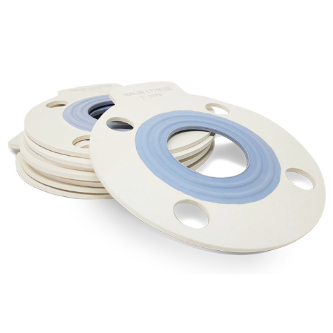 Durlon LT100 Low seating stress flange gaskets with white outer rings and blue inner sealing zones.