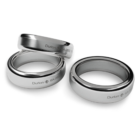 Metallic Durlon RTJ flange gaskets with stainless steel rings and black sealing inserts.