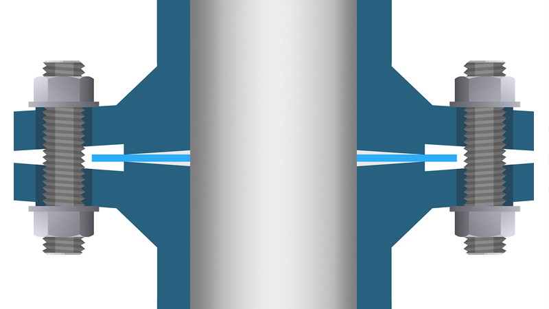 Illustrated diagram of a bolted flange assembly showing over torquing of gasket material