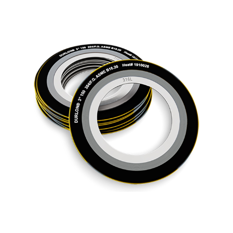 SWG Durlon spiral wound gaskets with black outer rings, silver inner rings, and yellow winding layers.