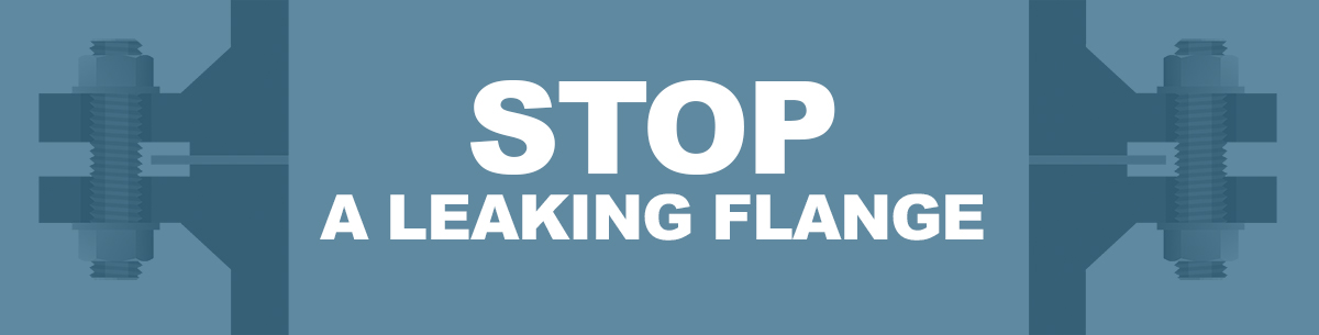 Banner graphic with the text “Stop a leaking flange” over a blue-toned illustration of pipe flanges and bolts.