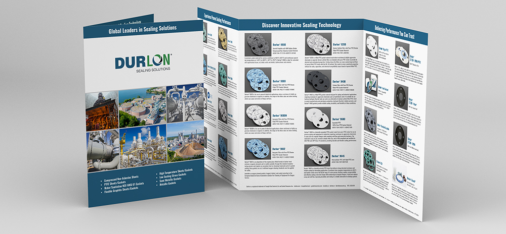 Durlon tri-fold product guide brochure showing sealing solutions, gasket materials, and product information panels.