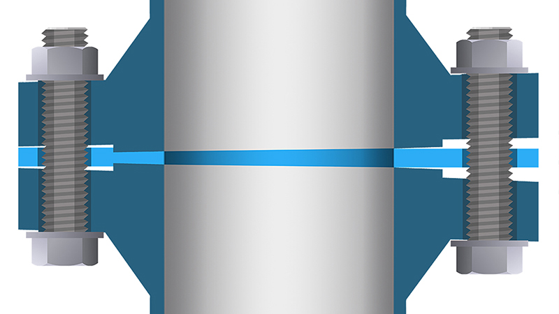 Illustrated diagram of a bolted flange assembly showing uneven torquing of gasket material
